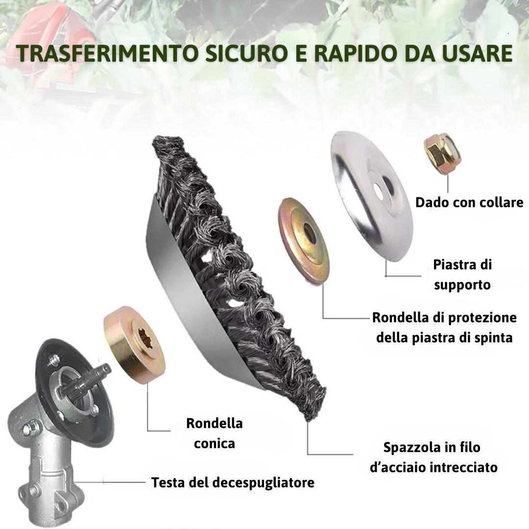 Lama da taglio per erba in filo d’acciaio super resistente a 360° (incluso kit di adattatori)