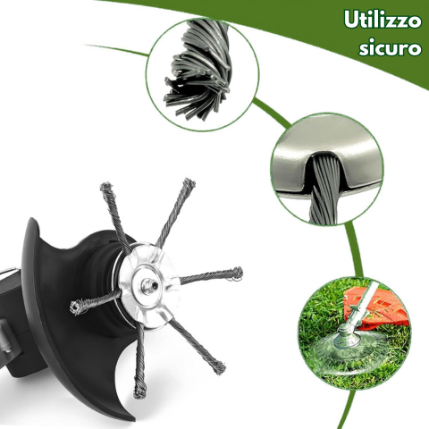 Testina per decespugliatore a 6 spazzole in acciaio ultra resistente (kit adattatore incluso)