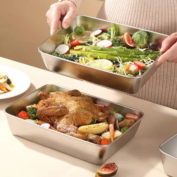 Scatola per la conservazione degli alimenti SUS304, vassoio rettangolare in acciaio inox con coperchio in gomma, sicuro per la salute. (25cm*19.5cm*5cm)