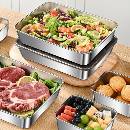 Contenitore per alimenti SUS304, vassoio rettangolare in acciaio inox con coperchio in acciaio inox, sicuro per la salute. (28.5*22.5*6cm)