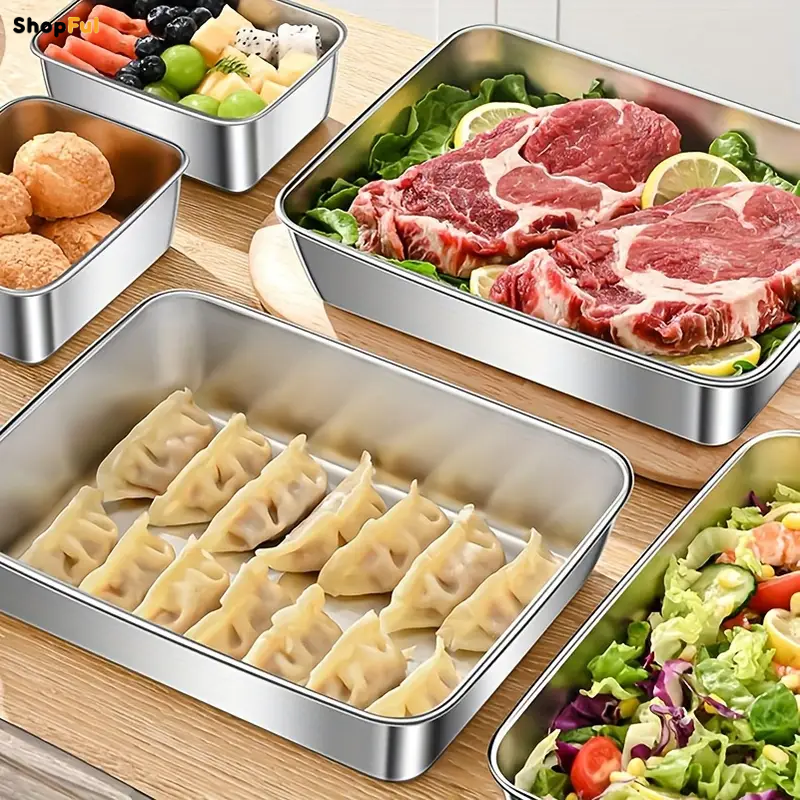Contenitori per alimenti SUS304, vassoi rettangolari in acciaio inox con coperchi in gomma (22 x 15,5 x 6 cm)