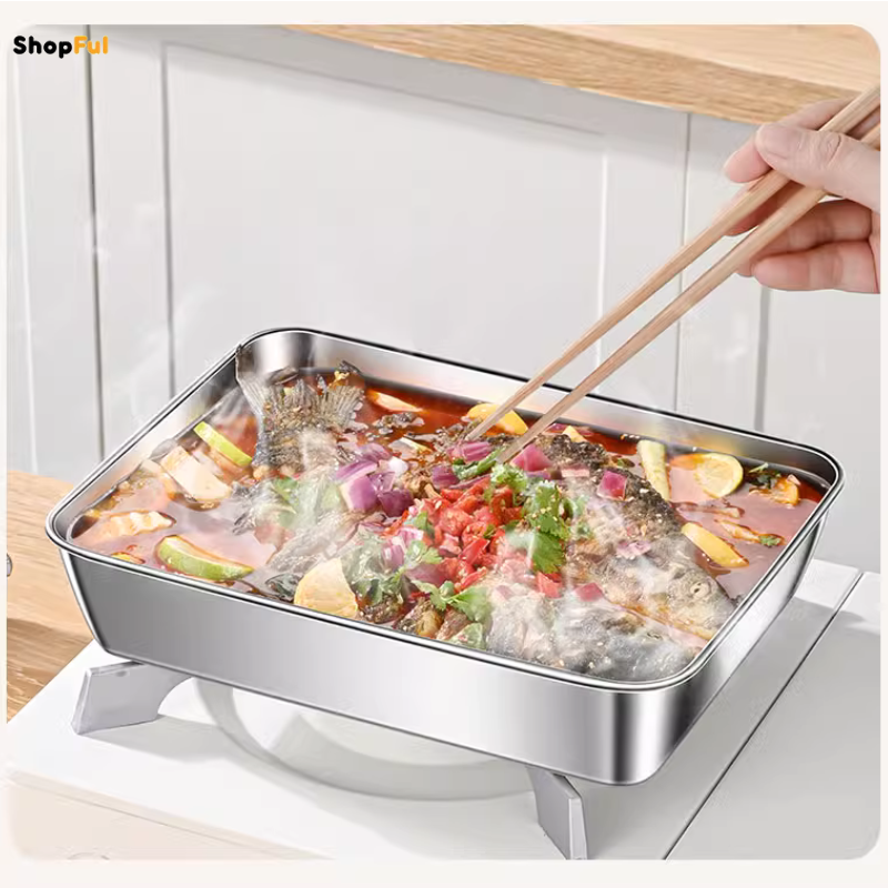 Contenitori per alimenti SUS304, vassoi rettangolari in acciaio inox con coperchi in gomma (22 x 15,5 x 6 cm)