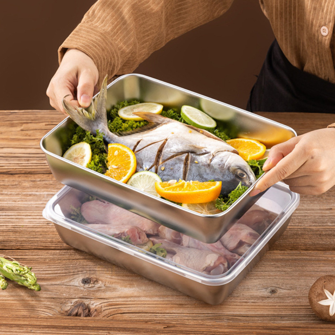 Contenitore per alimenti SUS304, vassoio rettangolare in acciaio inox con coperchio in acciaio inox, sicuro per la salute. (28.5*22.5*6cm)