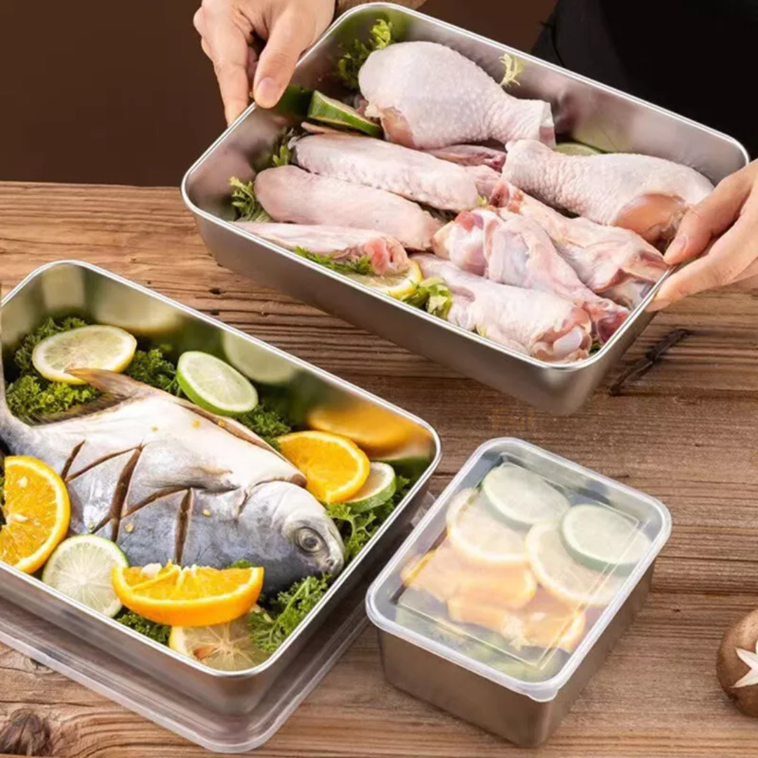 Scatola per la conservazione degli alimenti SUS304, vassoio rettangolare in acciaio inox con coperchio in gomma, sicuro per la salute. (25cm*19.5cm*5cm)