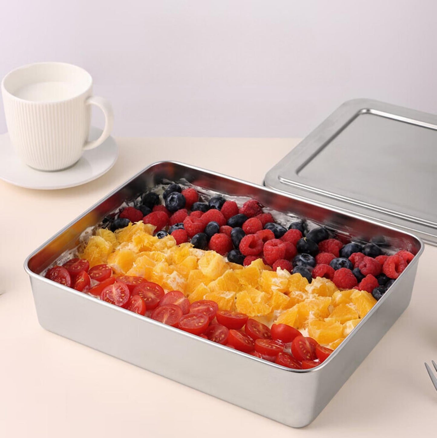 Contenitore per alimenti SUS304, vassoio rettangolare in acciaio inox con coperchio in acciaio inox, sicuro per la salute. (28.5*22.5*6cm)