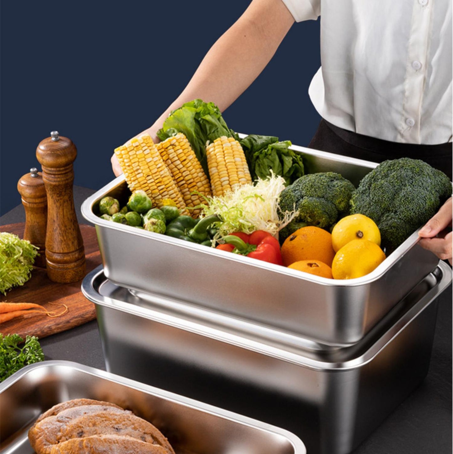 Contenitore per alimenti SUS304, vassoio rettangolare in acciaio inox con coperchio in acciaio inox, sicuro per la salute. (28.5*22.5*6cm)