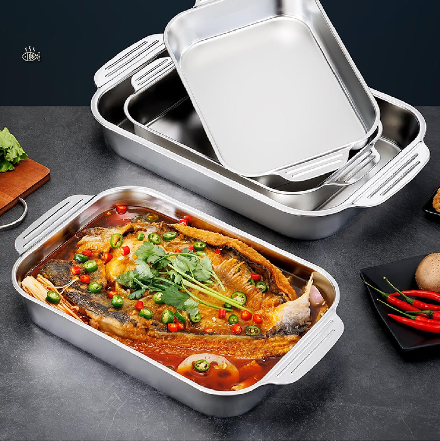 Vassoio Da Cucina In Acciaio Inossidabile SUS304 Antiaderente Con Coperchio Per l'uso Con Hot Pot, Cottura A Vapore Del Pesce, Cucinare E Conservare Alimenti