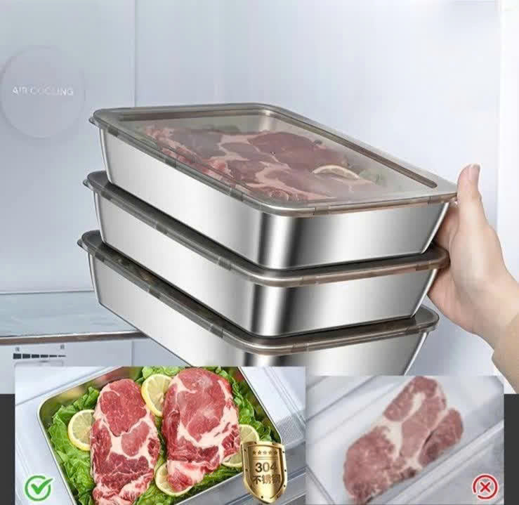 Contenitore per alimenti SUS304, vassoio rettangolare in acciaio inox con coperchio in acciaio inox, sicuro per la salute. (28.5*22.5*6cm)