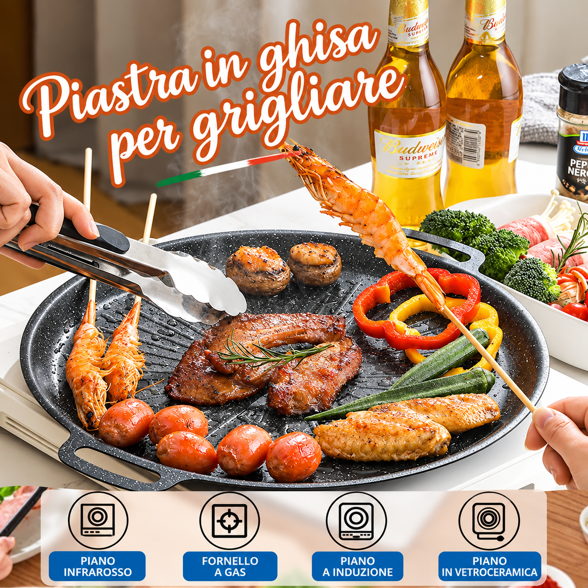 Padella grill universale per fornelli a gas, piani a induzione e fiamma libera