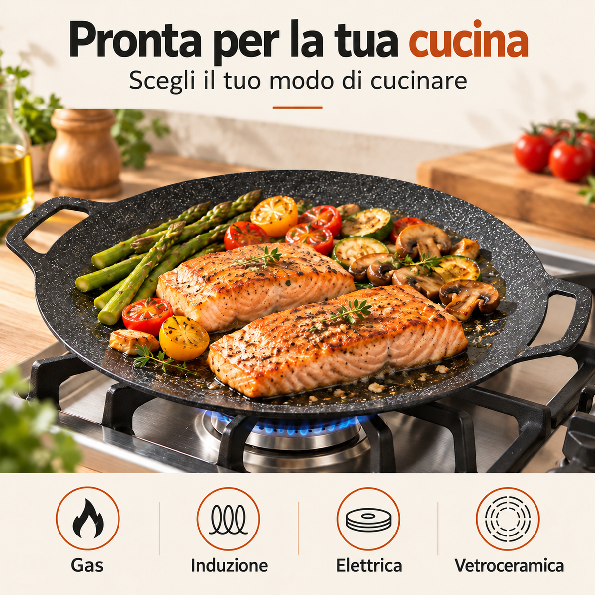 Padella multiuso antiaderente a 6 strati, compatibile con fornelli a gas, a induzione, elettrici e in vetroceramica