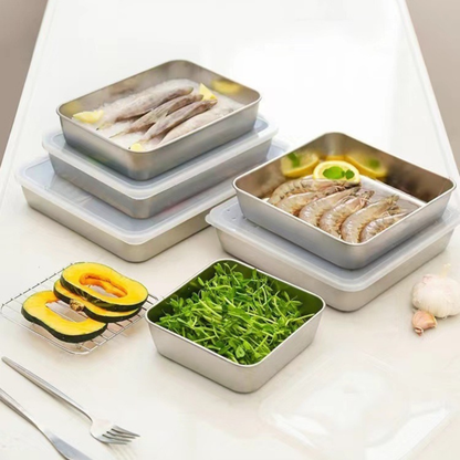 Scatola per la conservazione degli alimenti in SUS304, vassoio rettangolare in acciaio inox con coperchio in gomma, sicuro per la salute. (25 cm × 19,5 cm × 5 cm)