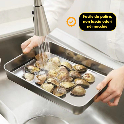 Scatola per la conservazione degli alimenti in SUS304, vassoio rettangolare in acciaio inox con coperchio in gomma, sicuro per la salute. (25 cm × 19,5 cm × 5 cm)