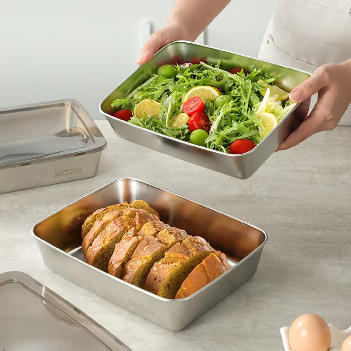Scatola per la conservazione degli alimenti in SUS304, vassoio rettangolare in acciaio inox con coperchio in gomma, sicuro per la salute. (25 cm × 19,5 cm × 5 cm)