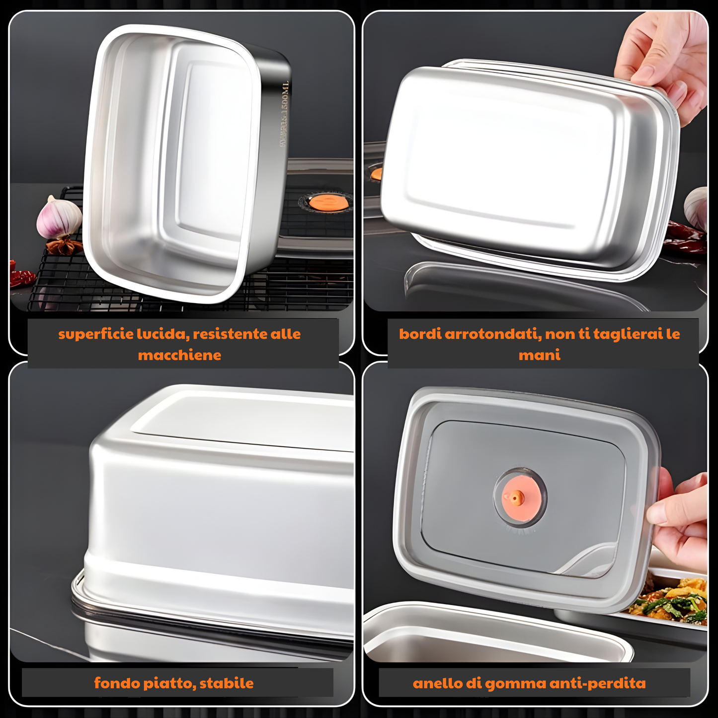 Contenitore per alimenti sottovuoto in acciaio inox antibatterico grande da 1000 ml (19 x 14 x 6cm)