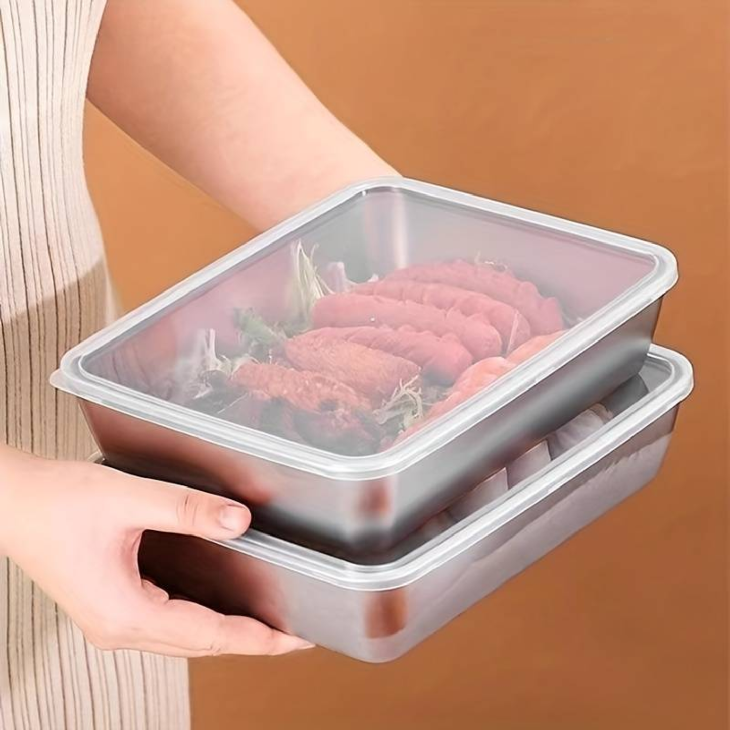 Scatola per la conservazione degli alimenti in SUS304, vassoio rettangolare in acciaio inox con coperchio in gomma, sicuro per la salute. (25 cm × 19,5 cm × 5 cm)