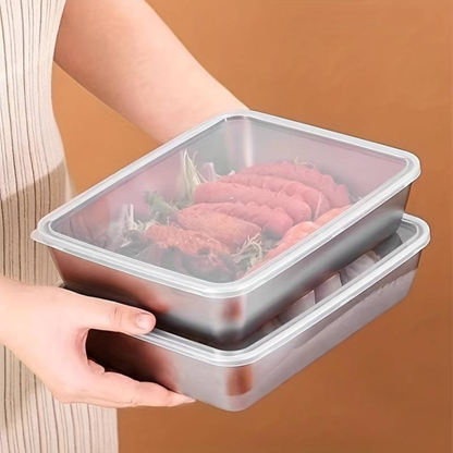 Scatola per la conservazione degli alimenti in SUS304, vassoio rettangolare in acciaio inox con coperchio in gomma, sicuro per la salute. (25 cm × 19,5 cm × 5 cm)