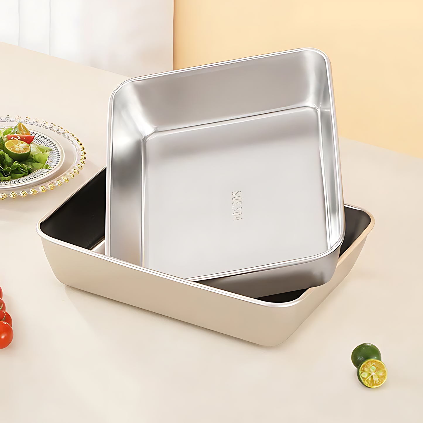 Scatola per la conservazione degli alimenti in SUS304, vassoio rettangolare in acciaio inox con coperchio in gomma, sicuro per la salute. (25 cm × 19,5 cm × 5 cm)