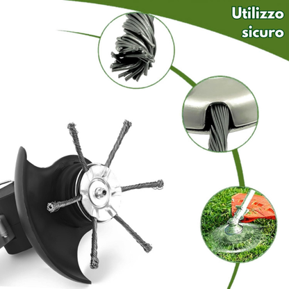 Testina per decespugliatore a 6 spazzole in acciaio ultra resistente (kit adattatore incluso)