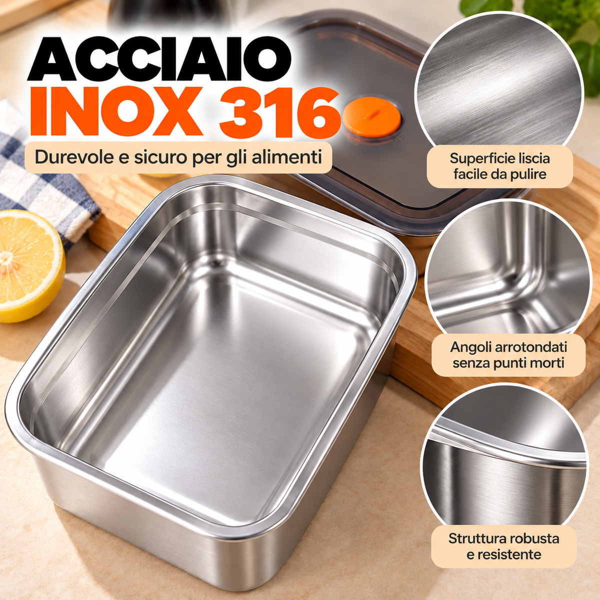Contenitore per alimenti sottovuoto in acciaio inox antibatterico grande da 1000 ml (19 x 14 x 6cm)