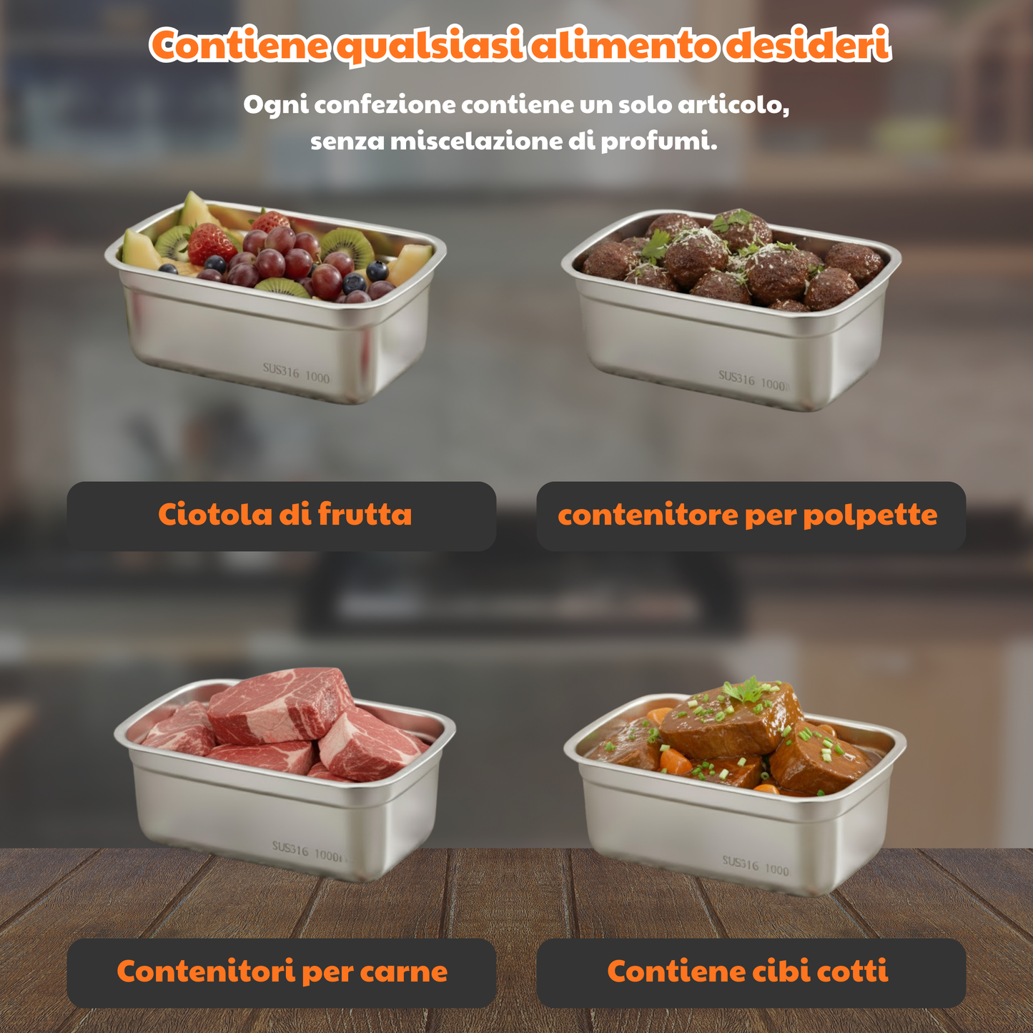 Contenitore per alimenti sottovuoto in acciaio inox antibatterico grande da 1000 ml (19 x 14 x 6cm)
