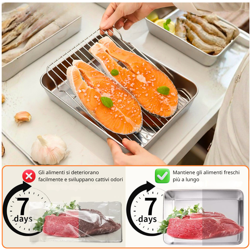 VASSOIO IN ACCIAIO INOX 304 PREMIUM Mantiene gli alimenti freschi fino a 5× più a lungo