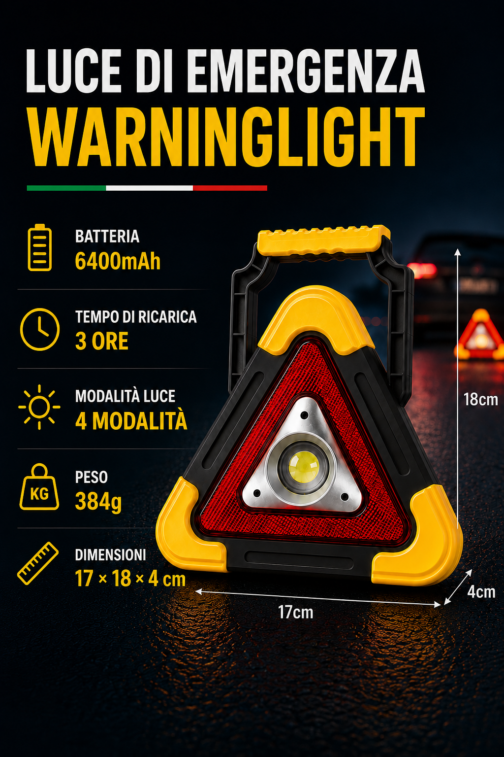 Triangolo di Emergenza LED Ricaricabile per Auto – Alta Visibilità Notturna