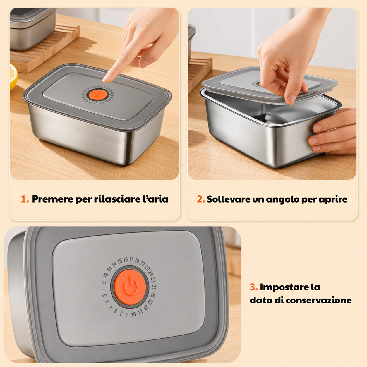 Contenitore per alimenti sottovuoto in acciaio inox antibatterico grande da 1000 ml (19 x 14 x 6cm)