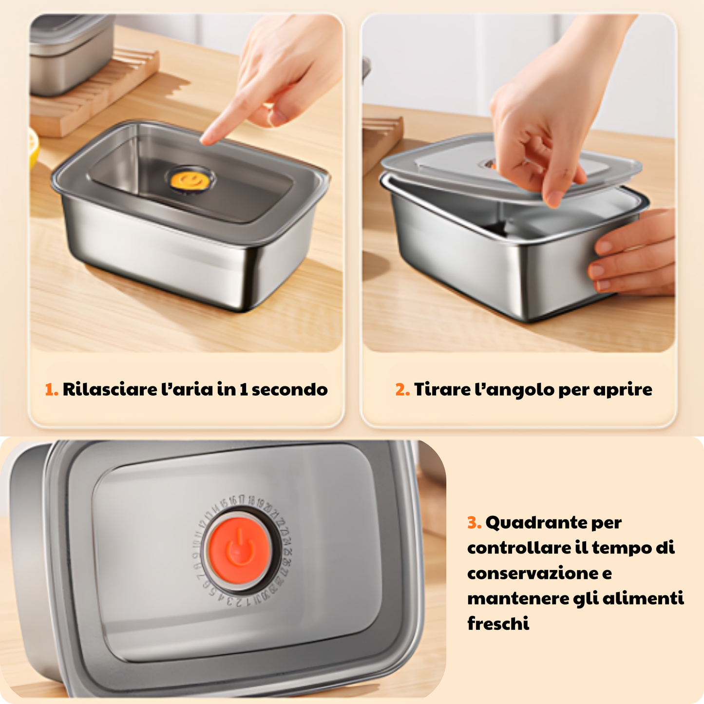 Contenitore per alimenti sottovuoto in acciaio inox antibatterico grande da 1000 ml (19 x 14 x 6cm)