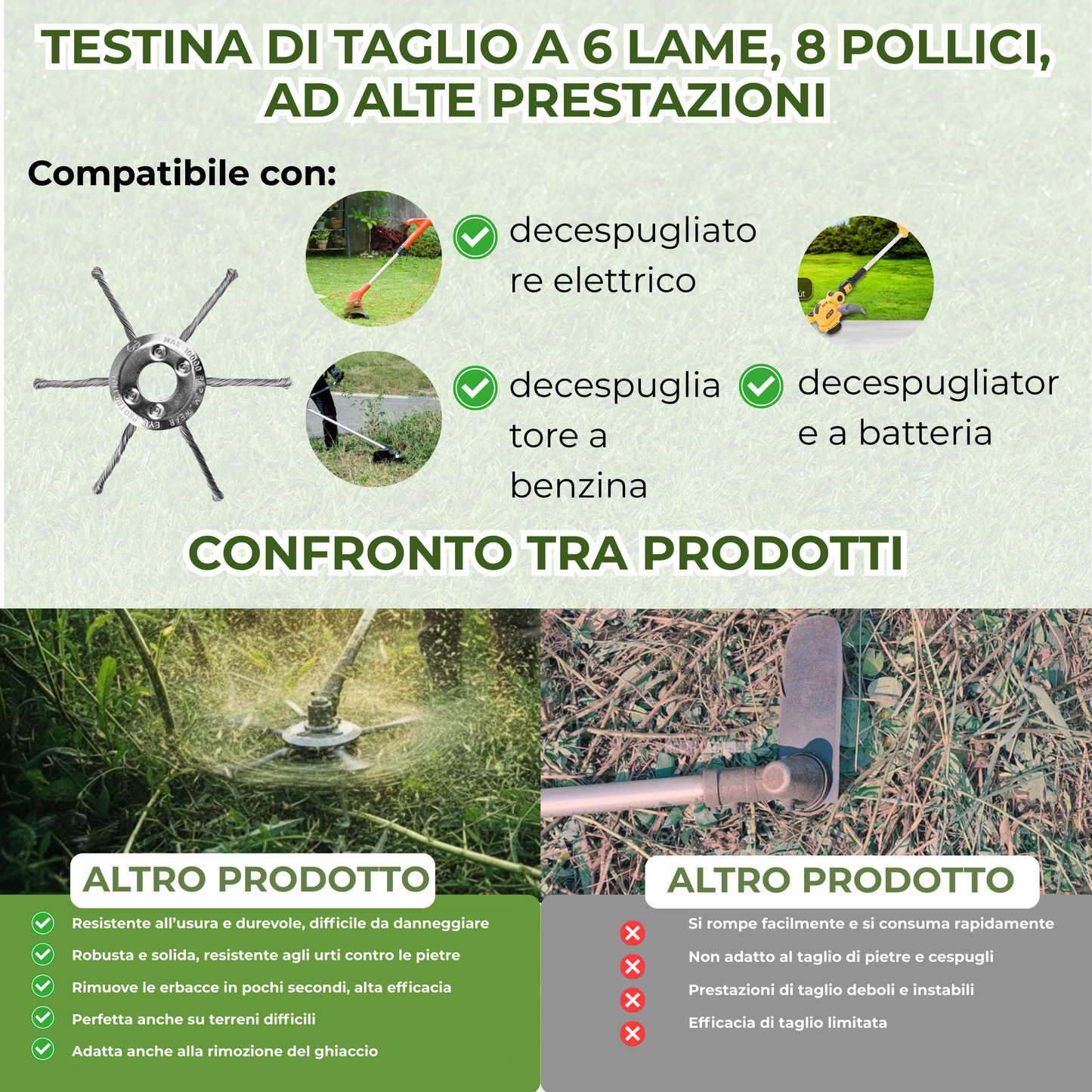 La testina del decespugliatore ha 6 bracci intrecciati in filo d’acciaio resistente.