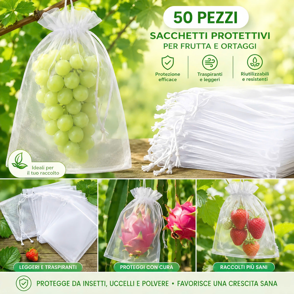 Sacchetti In Rete Traspiranti Riutilizzabili Per Proteggere Frutta E Verdura – Proteggono Da Insetti, Mosche Della Frutta E Uccelli