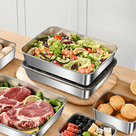 Scatola per la conservazione degli alimenti SUS304, vassoio rettangolare in acciaio inox con coperchio in gomma, sicuro per la salute. (25cm19.5cm5cm)