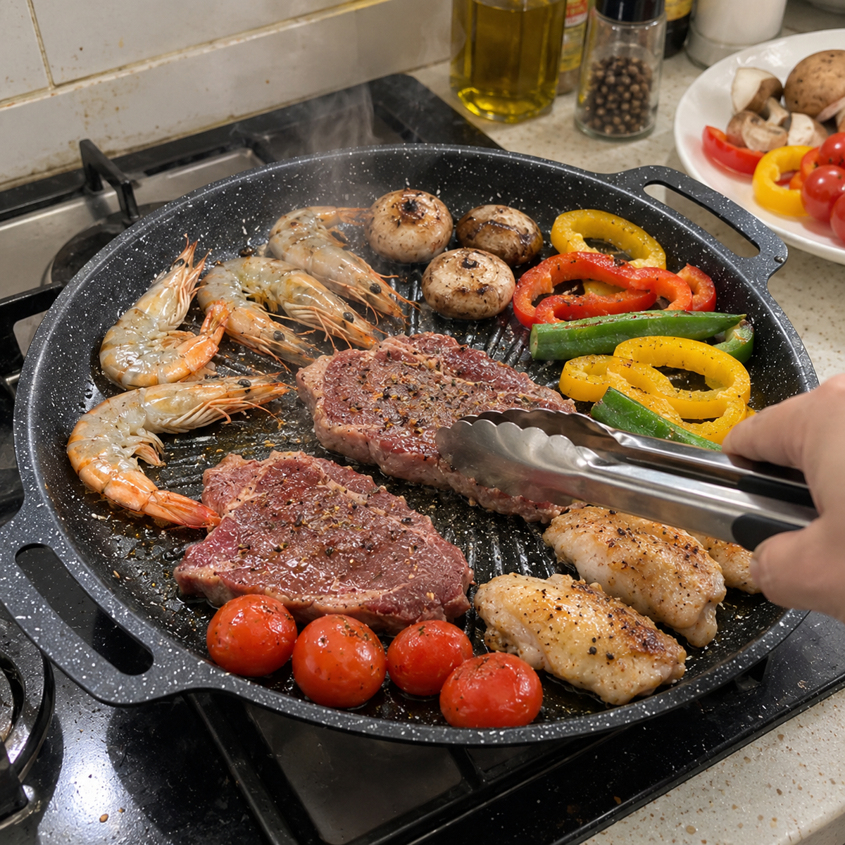 Padella grill universale per fornelli a gas, piani a induzione e fiamma libera