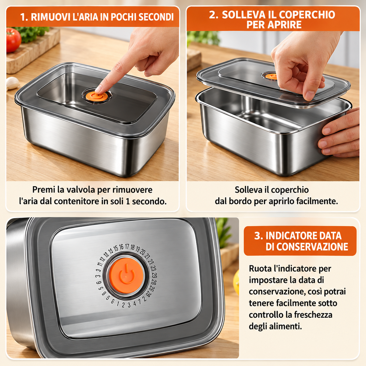 Contenitore per alimenti sottovuoto in acciaio inox antibatterico grande da 1000 ml (19 x 14 x 6cm)