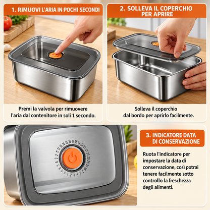Contenitore per alimenti sottovuoto in acciaio inox antibatterico grande da 1000 ml (19 x 14 x 6cm)