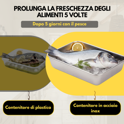 Scatola per la conservazione degli alimenti in SUS304, vassoio rettangolare in acciaio inox con coperchio in gomma, sicuro per la salute. (25 cm × 19,5 cm × 5 cm)