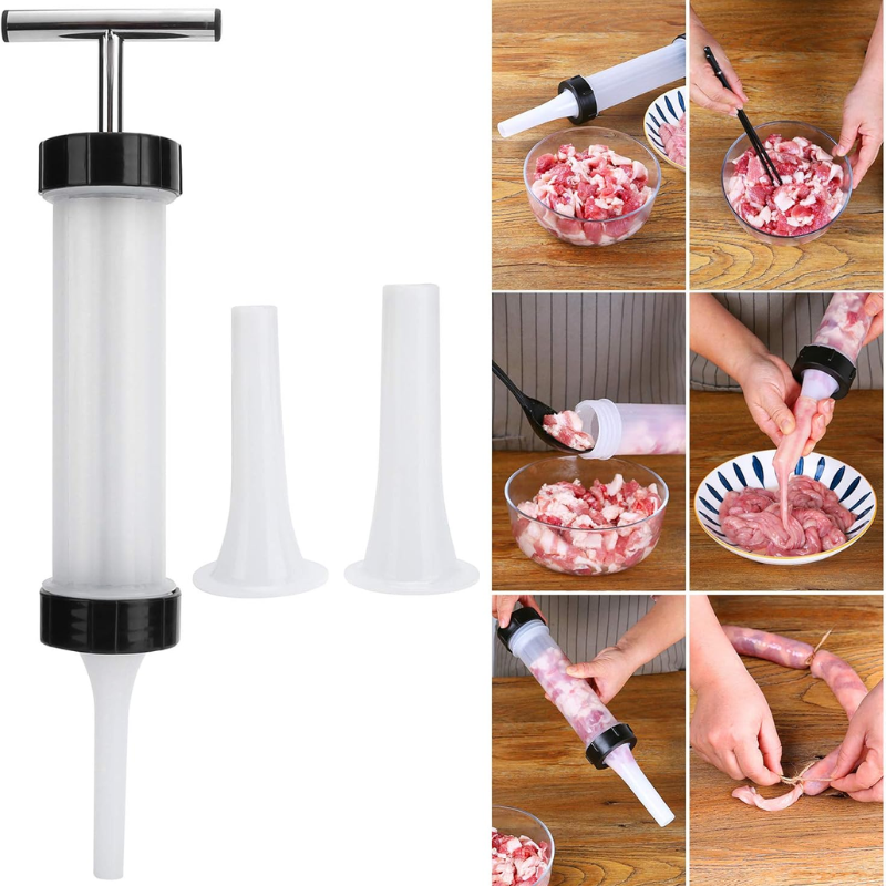 Macchina per Salsicce Manuale Portatile, con 3 Beccucci di Riempimento di Diverse Dimensioni – Insaccatrice in Materiale Alimentare per Uso Domestico (Bianco)