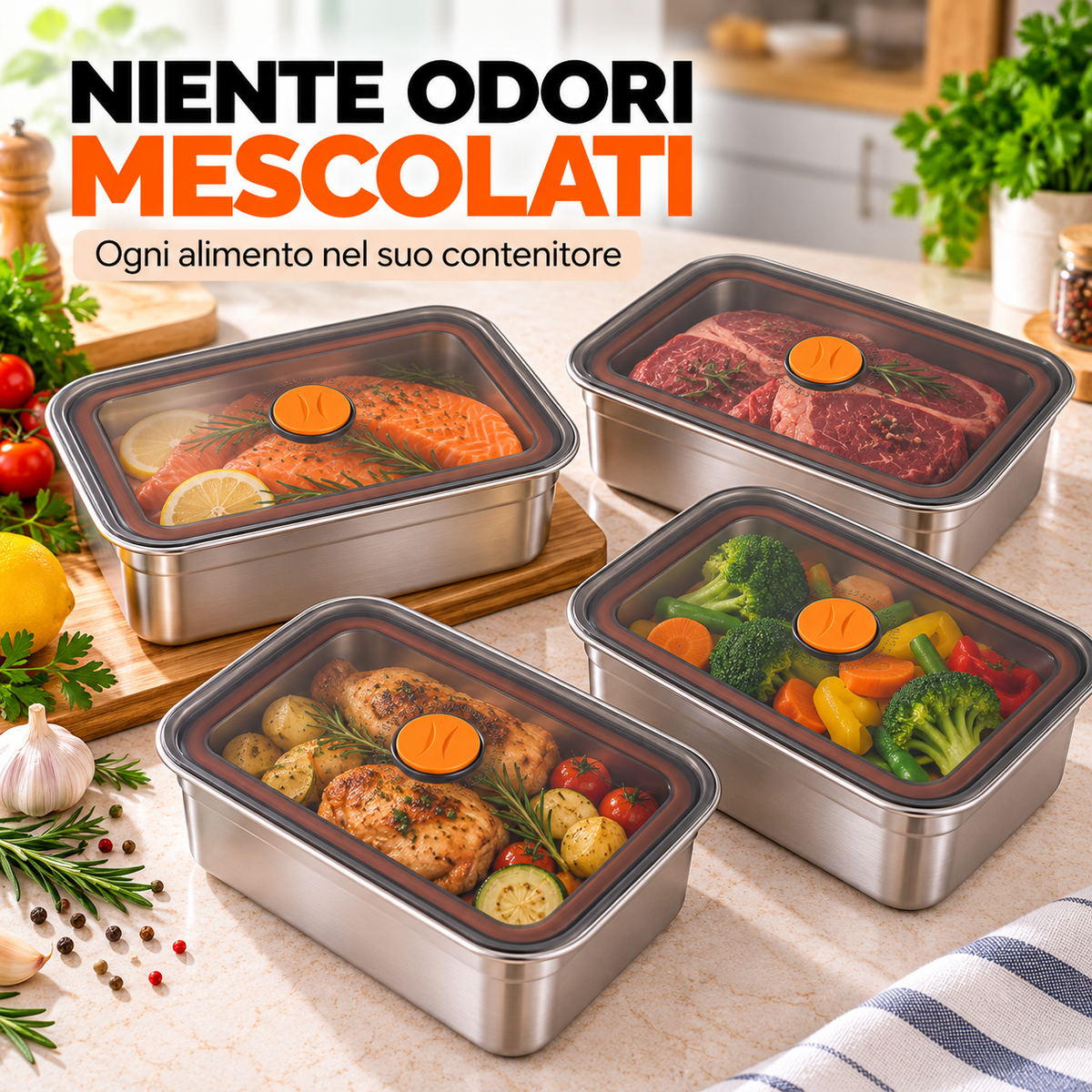 Contenitore per alimenti sottovuoto in acciaio inox antibatterico grande da 1000 ml (19 x 14 x 6cm)