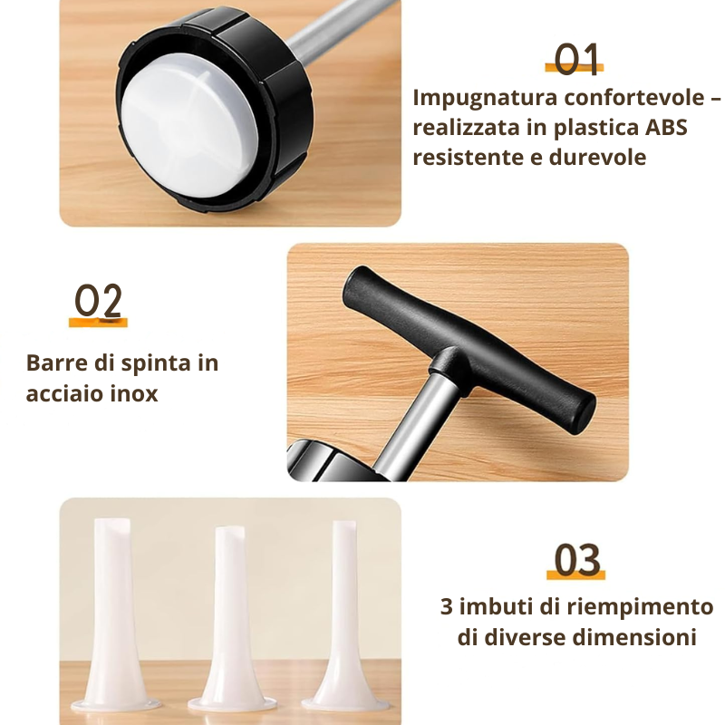 Macchina per Salsicce Manuale Portatile, con 3 Beccucci di Riempimento di Diverse Dimensioni – Insaccatrice in Materiale Alimentare per Uso Domestico (Bianco)
