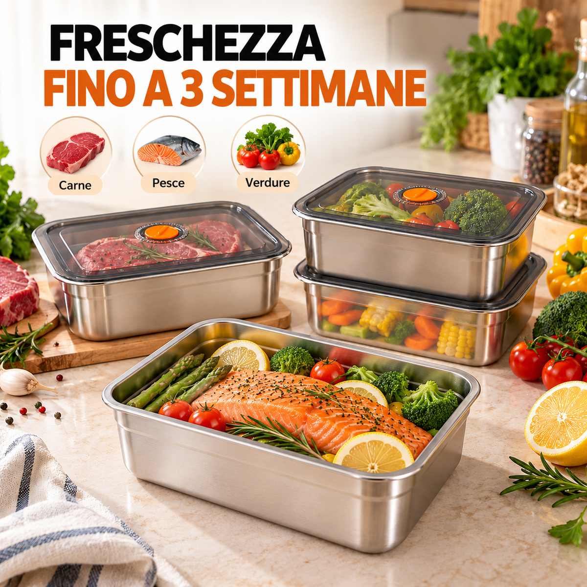 Contenitore per alimenti sottovuoto in acciaio inox antibatterico grande da 1000 ml (19 x 14 x 6cm)