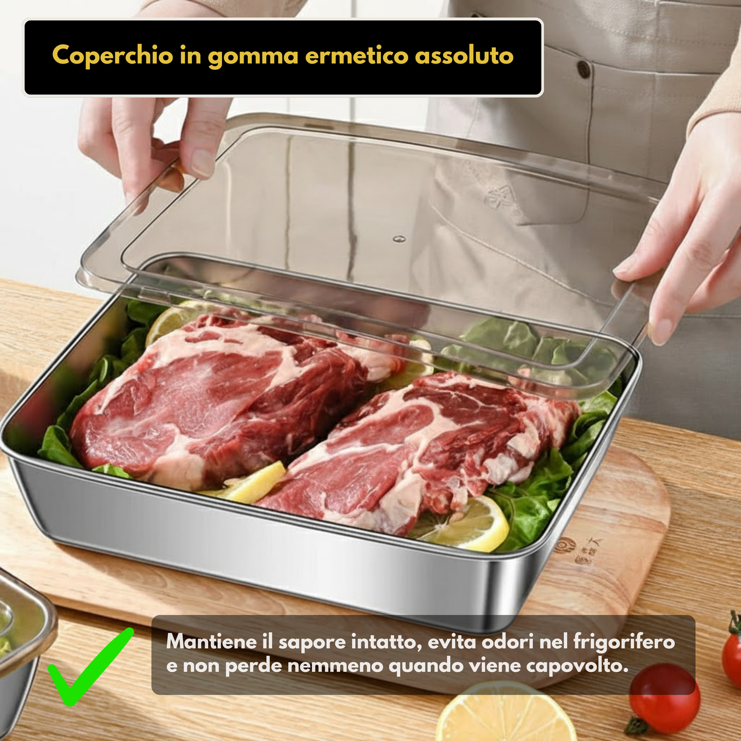 Scatola per la conservazione degli alimenti in SUS304, vassoio rettangolare in acciaio inox con coperchio in gomma, sicuro per la salute. (25 cm × 19,5 cm × 5 cm)