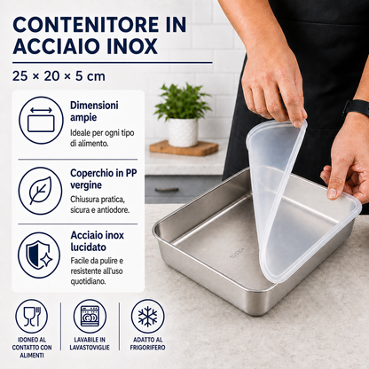 Contenitori in acciaio inox SUS304 | Alimenti freschi più a lungo (25×20×5 cm)