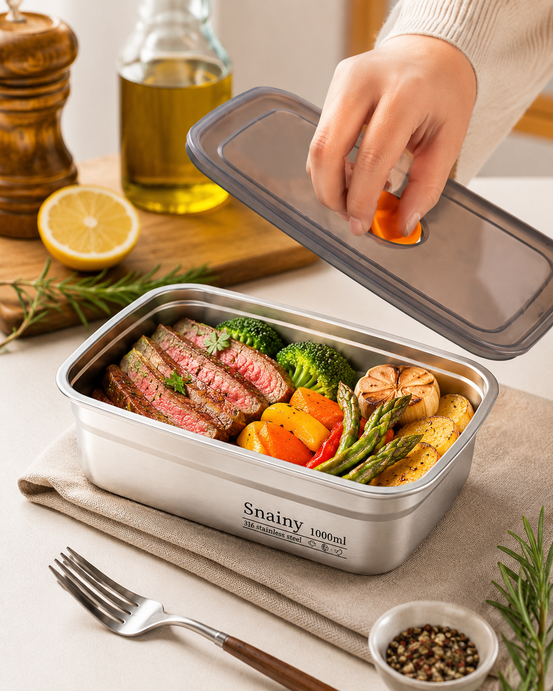 Contenitore sottovuoto in acciaio inox 316 – 1.000 ml (19 × 14 × 5,5 cm)