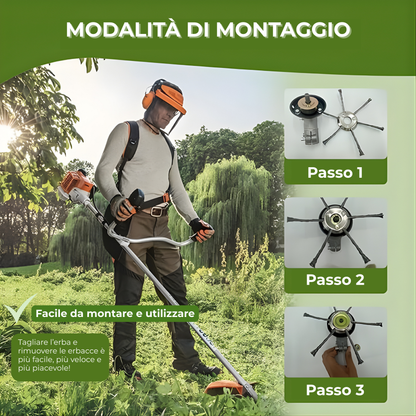La testina del decespugliatore ha 6 bracci intrecciati in filo d’acciaio resistente.