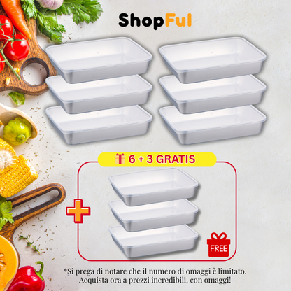 [🎁 Set 6+3 Gratis] Contenitori per Alimenti SUS304 con Coperchi in Gomma (25 x 20 x 6 cm) – Adatti a Forno e Microonde, Conservano Freschezza e Sapore