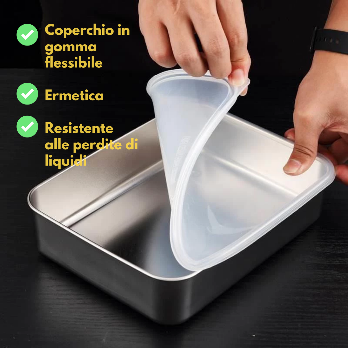 Scatola per la conservazione degli alimenti in SUS304, vassoio rettangolare in acciaio inox con coperchio in gomma, sicuro per la salute. (25 cm × 19,5 cm × 5 cm)