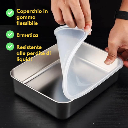 Scatola per la conservazione degli alimenti in SUS304, vassoio rettangolare in acciaio inox con coperchio in gomma, sicuro per la salute. (25 cm × 19,5 cm × 5 cm)