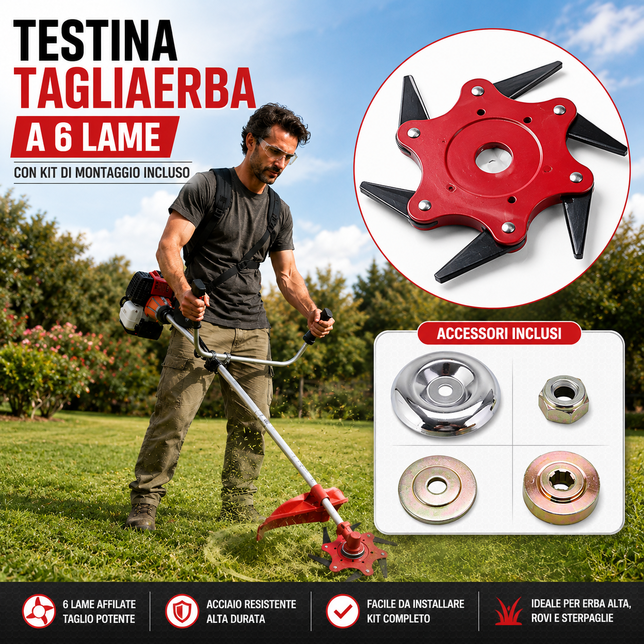 Lama tagliaerba 6 denti in acciaio al manganese — Taglia senza fermarsi, senza cambiare il filo (Include Kit di Adattatori)