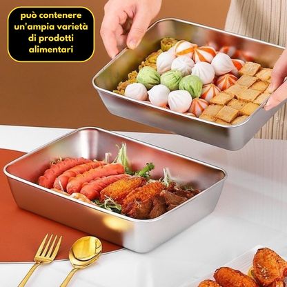 Scatola per la conservazione degli alimenti in SUS304, vassoio rettangolare in acciaio inox con coperchio in gomma, sicuro per la salute. (25 cm × 19,5 cm × 5 cm)