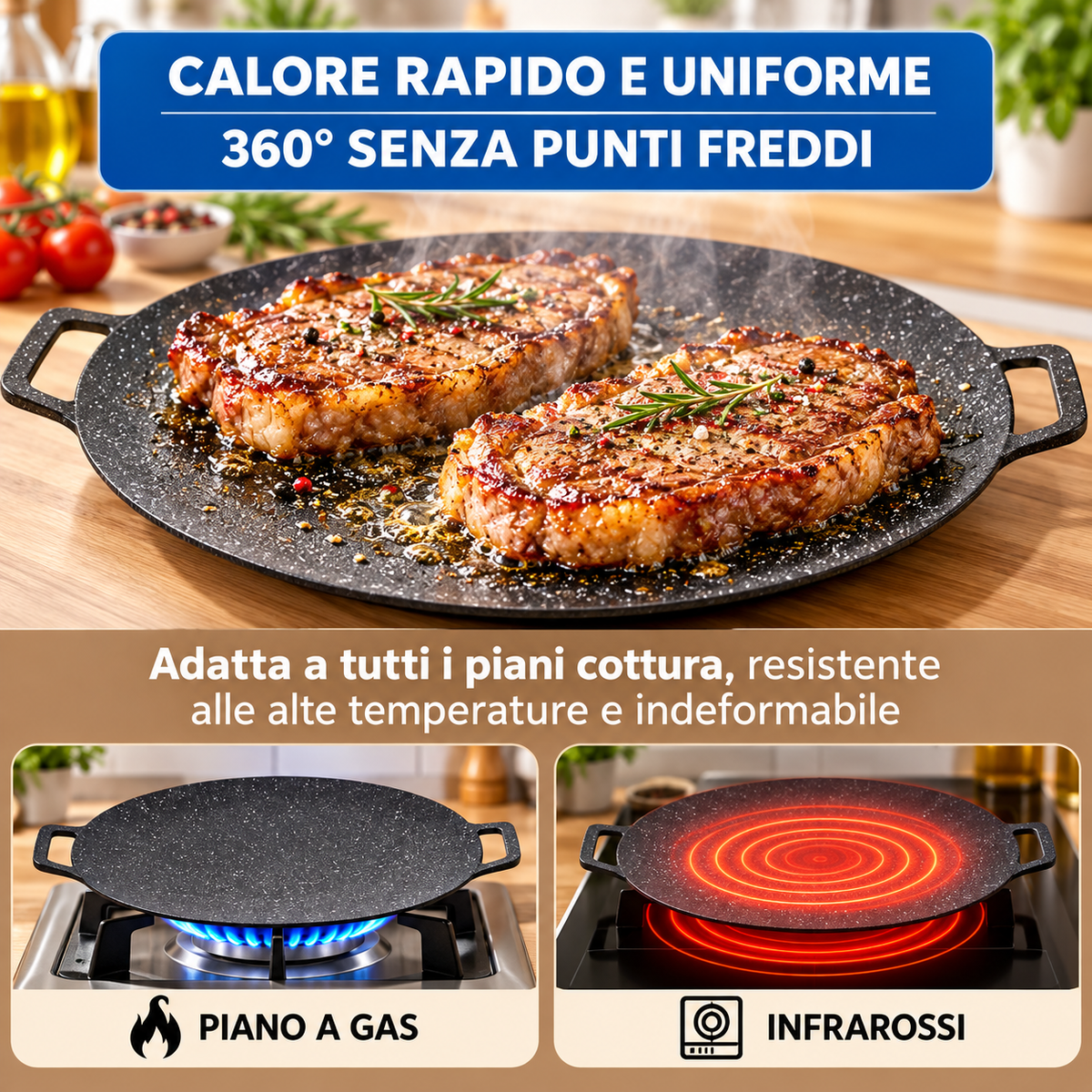 Padella antiaderente multiuso a 6 strati, compatibile con piani a induzione.