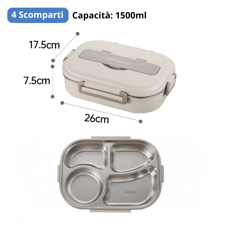 Portapranzo in acciaio inossidabile 304 - 4 scomparti, utensili completi (1500ml)